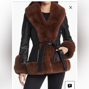 Azalea Wang Kenzy Brown Faux Fur Trim Notch Lapel Belted Penny Lane Jacket